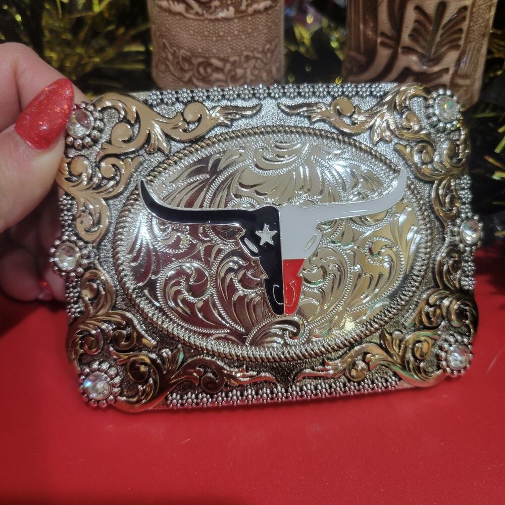 Longhorn Western belt Buckle Texas Style Rose Tone Silver 4.5 x 3.5 " Cowboy